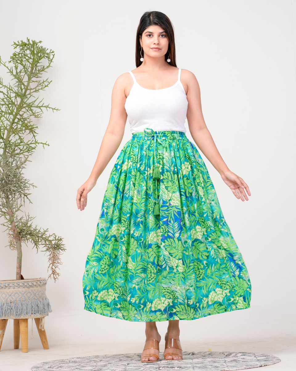 Leaf Print Green And Blue Rayon Crepe Floral Skirt For Women