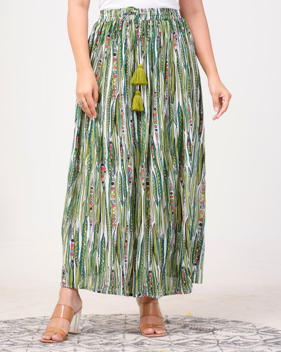 Stripped Print Moss Green Rayon Crepe Party Wear Skirt For Women