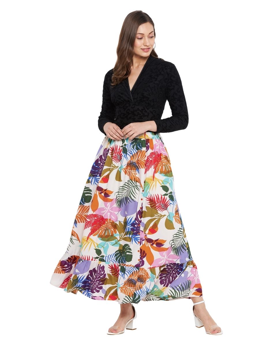 Leaf Printed Multicolor Polyester Skirt For Women