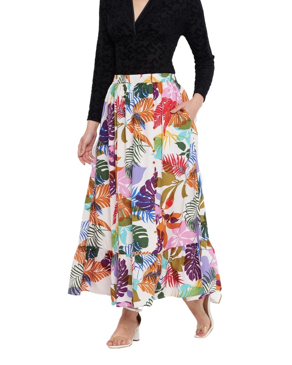 Leaf Printed Multicolor Polyester Skirt For Women