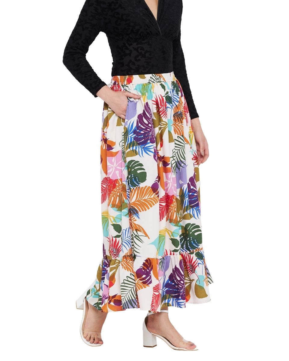 Leaf Printed Multicolor Polyester Skirt For Women