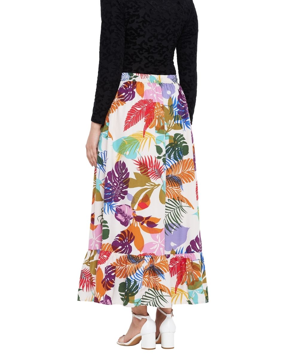 Leaf Printed Multicolor Polyester Skirt For Women