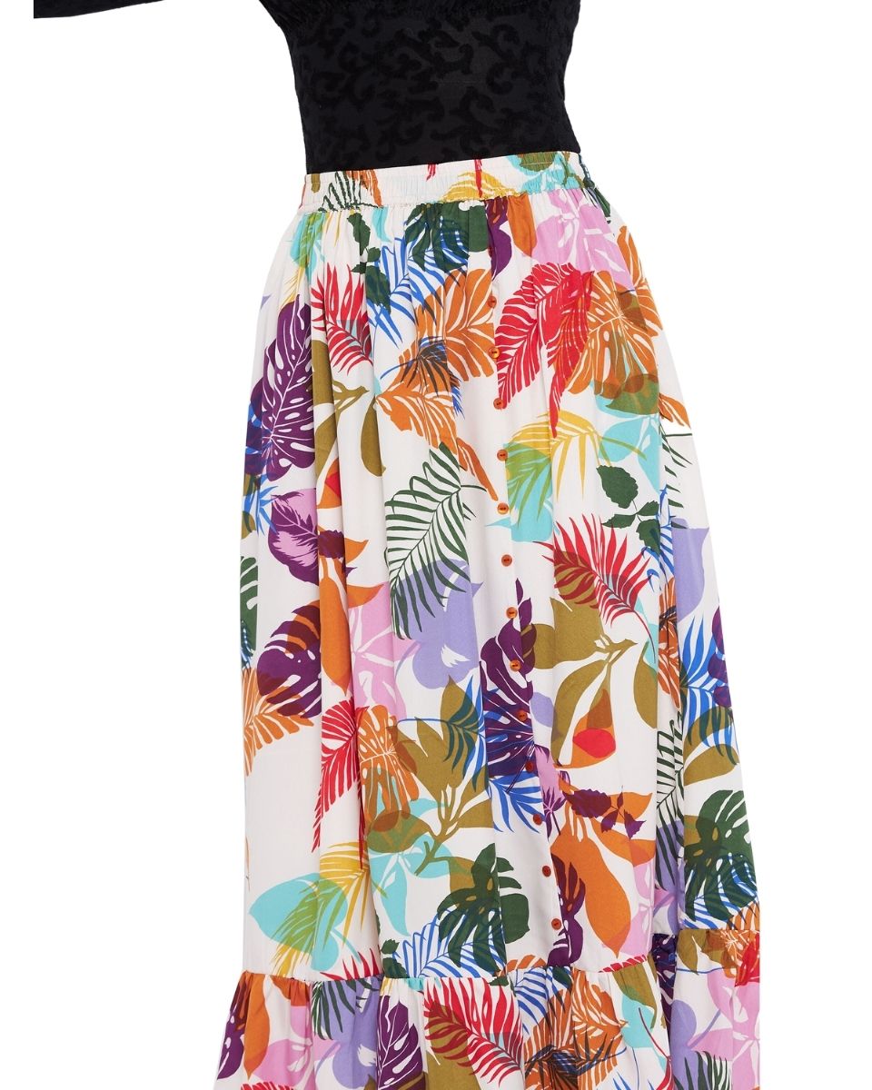 Leaf Printed Multicolor Polyester Skirt For Women