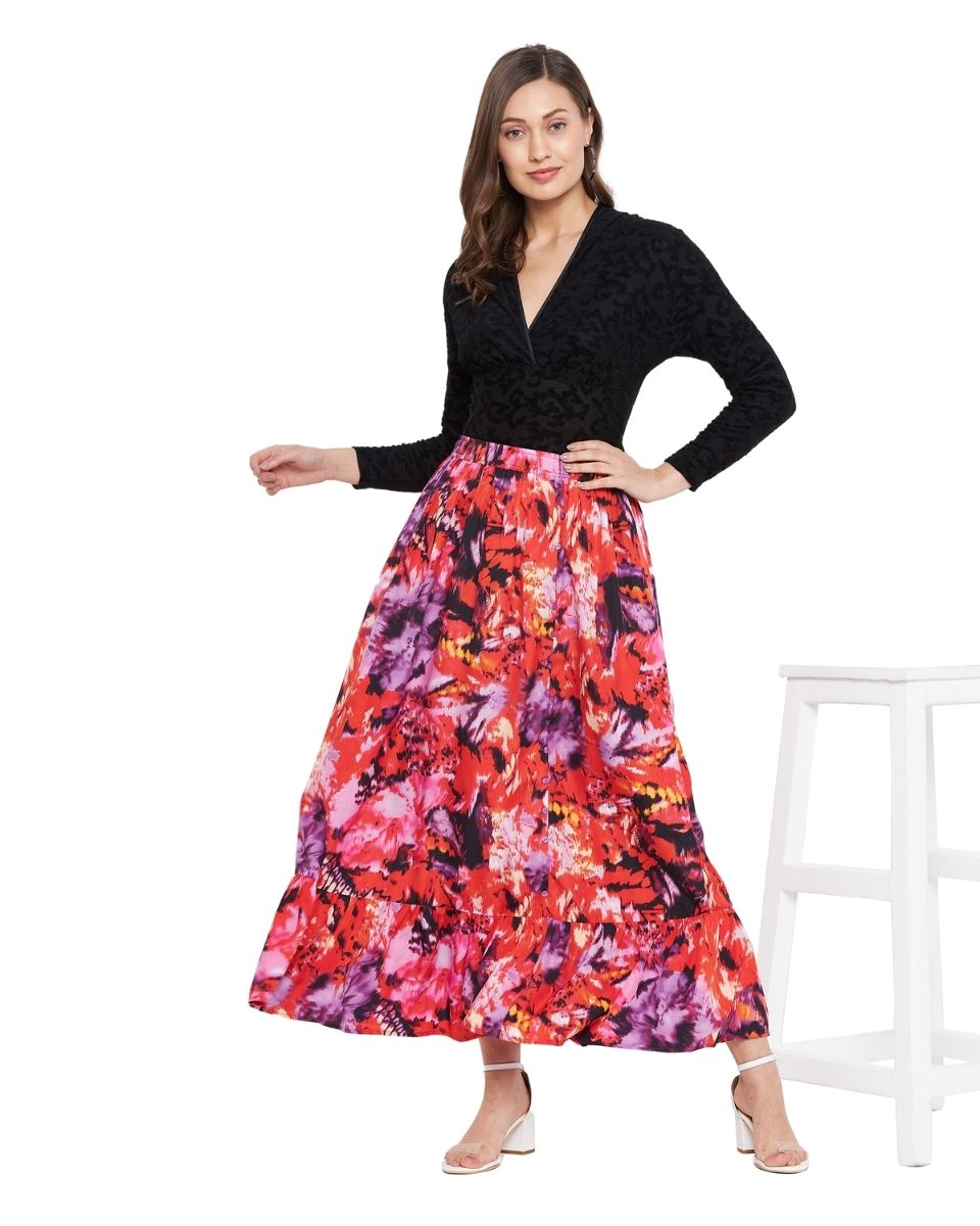Polyester Floral Printed Multicolor Skirt For Women