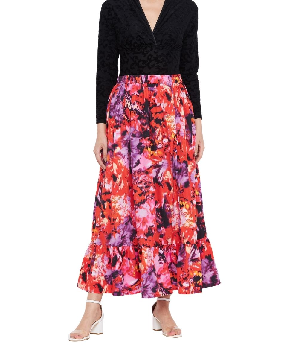 Polyester Floral Printed Multicolor Skirt For Women