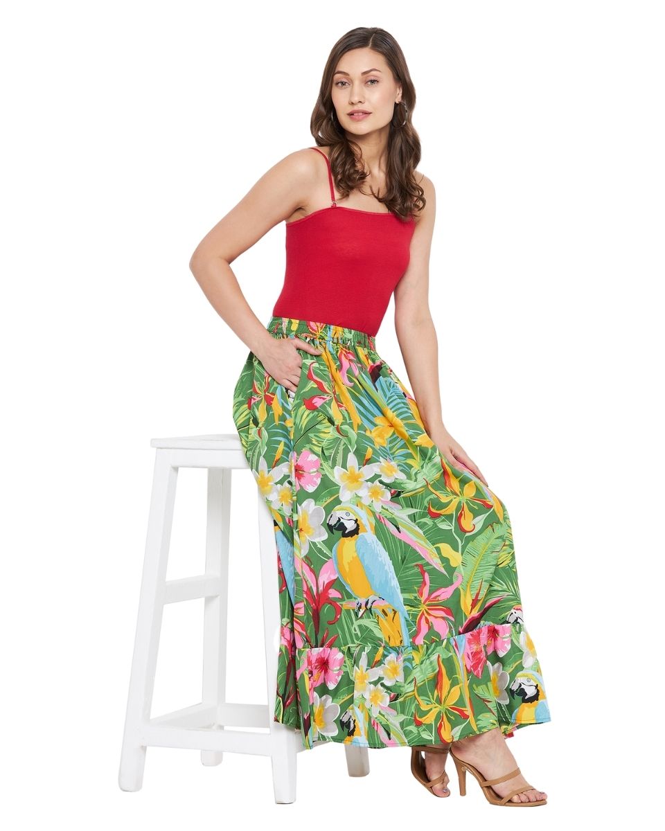 Green Floral Printed Polyester Skirt For Women