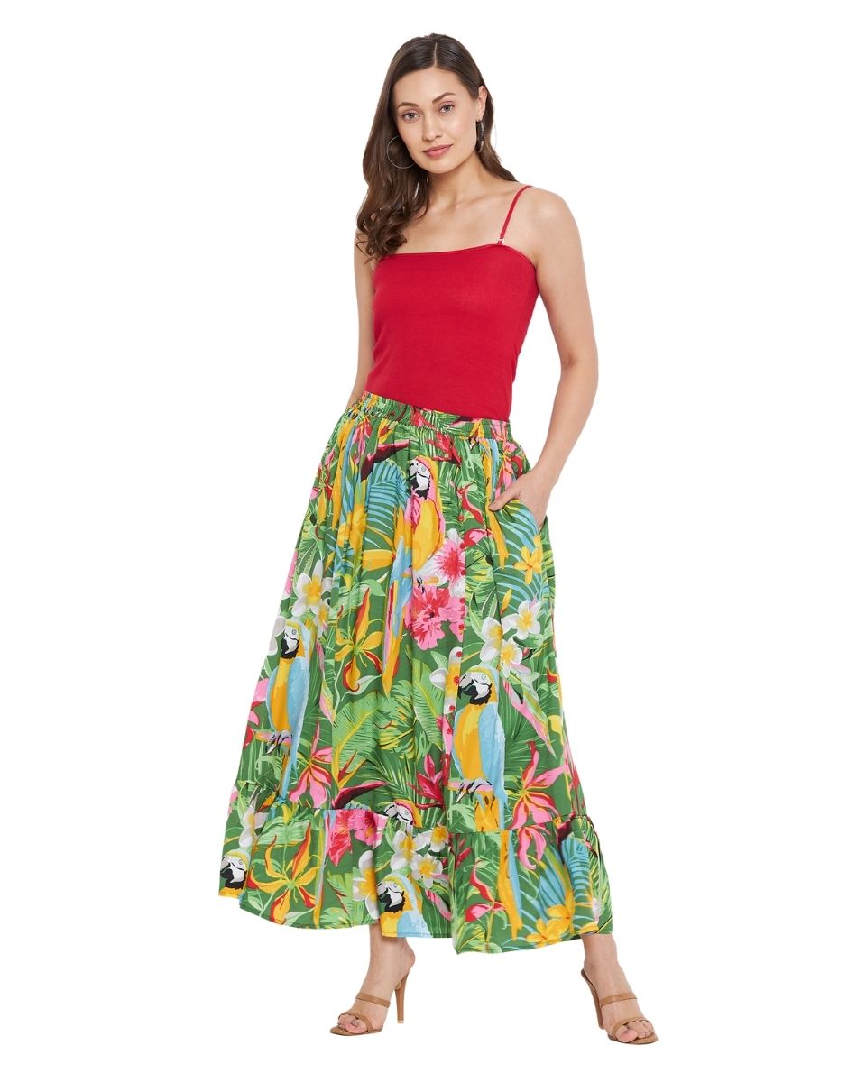 Green Floral Printed Polyester Skirt For Women