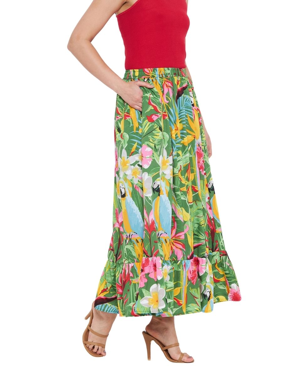 Green Floral Printed Polyester Skirt For Women
