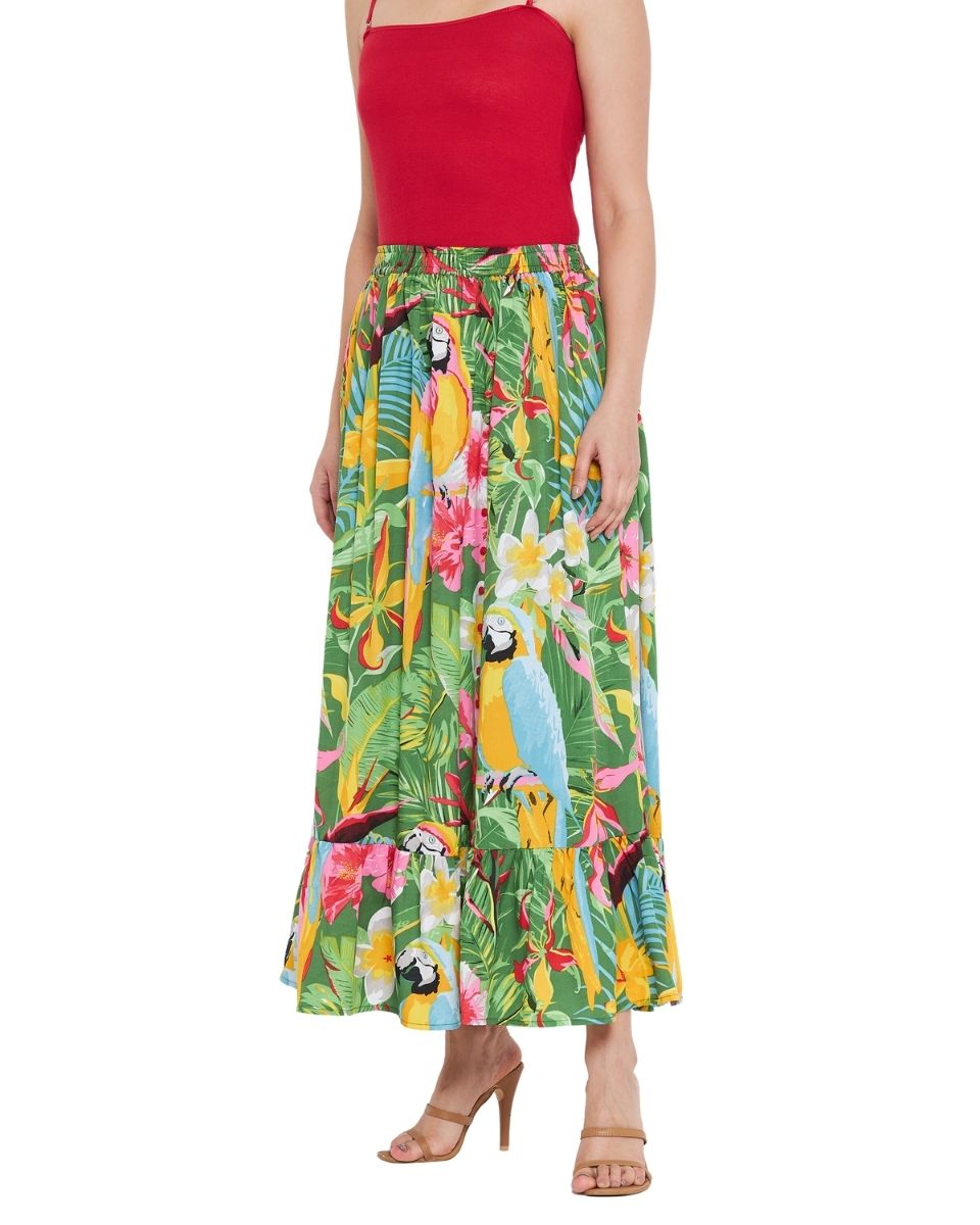 Green Floral Printed Polyester Skirt For Women