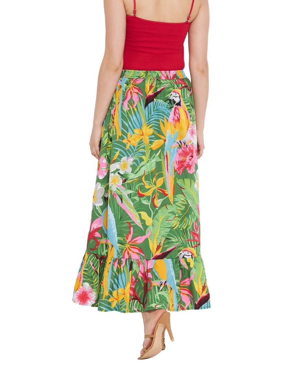 Green Floral Printed Polyester Skirt For Women