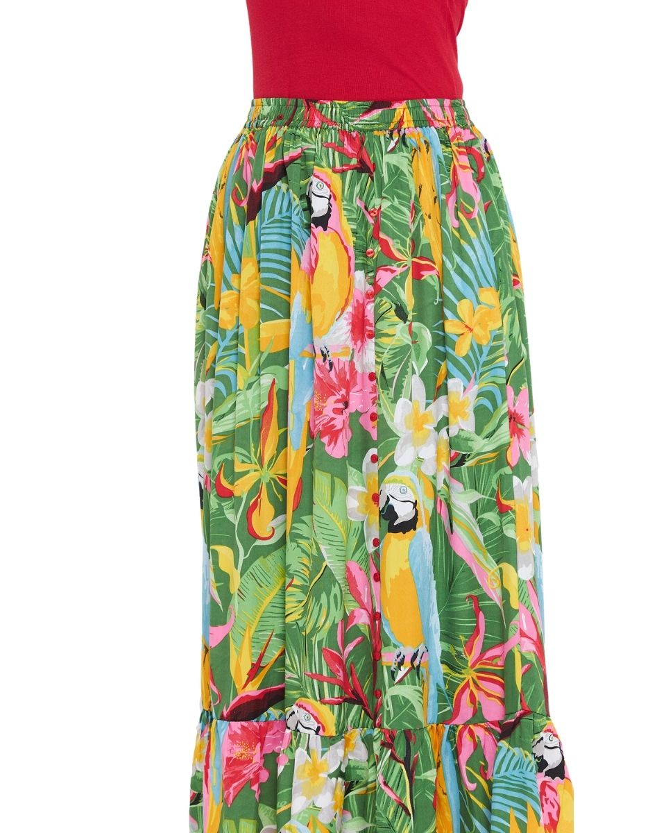 Green Floral Printed Polyester Skirt For Women