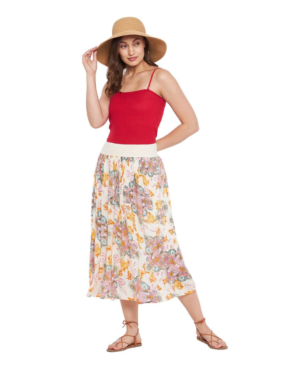 Paisley Printed Ecru Polyester Skirt For Women