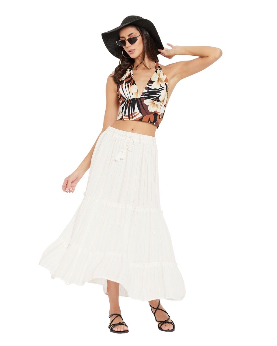Solid White Rayon With Lurex Stripes Skirt For Women