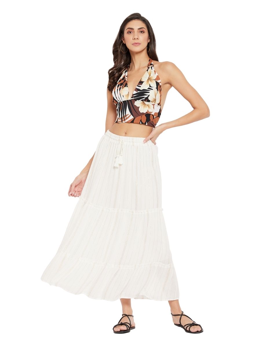 Solid White Rayon With Lurex Stripes Skirt For Women