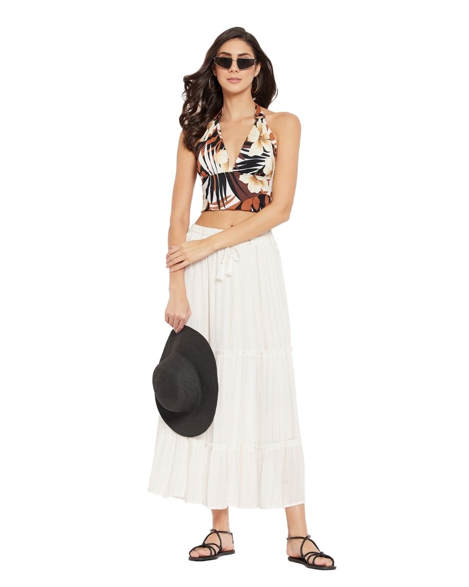 Solid White Rayon With Lurex Stripes Skirt For Women