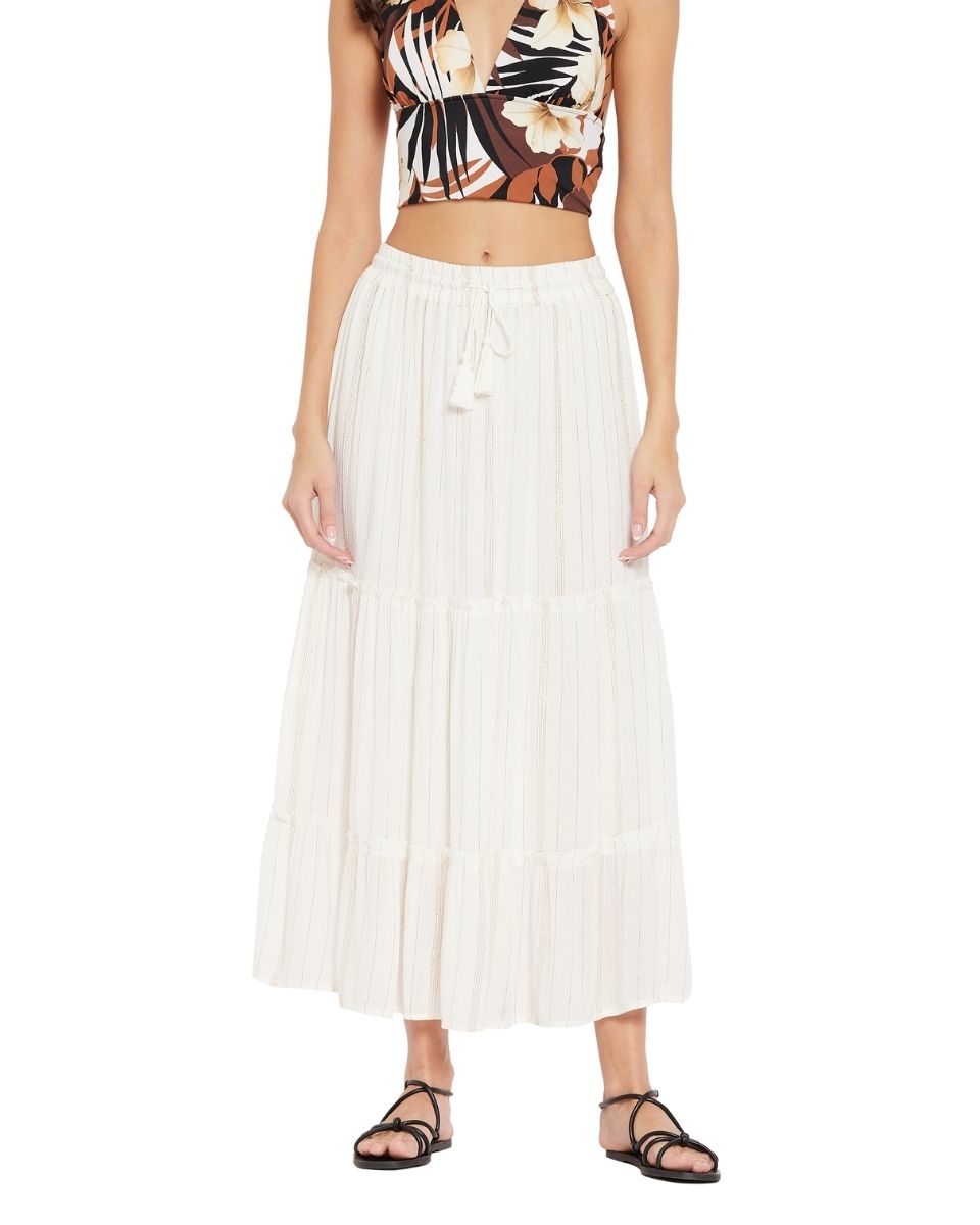 Solid White Rayon With Lurex Stripes Skirt For Women