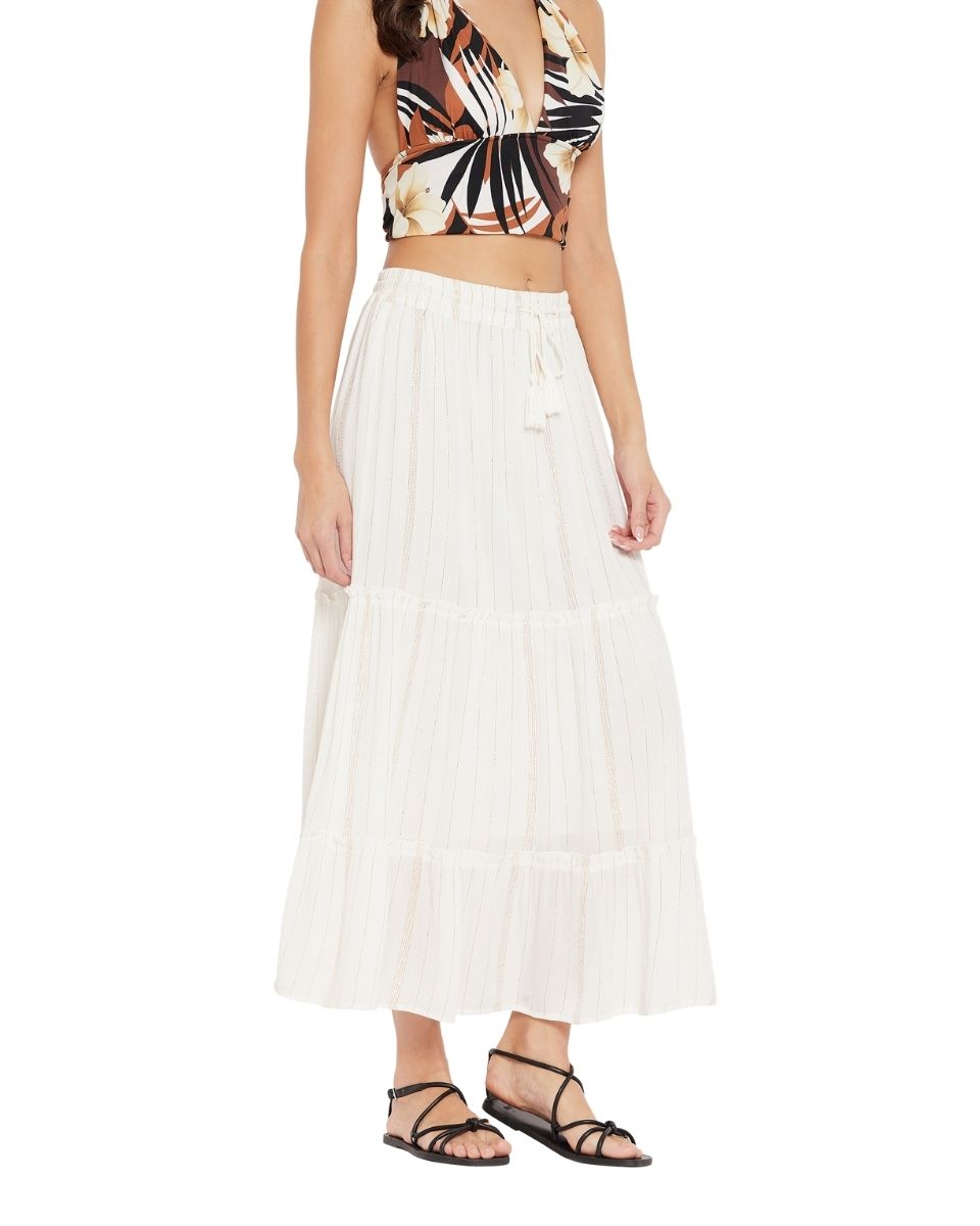 Solid White Rayon With Lurex Stripes Skirt For Women