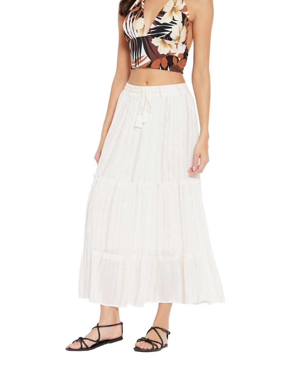 Solid White Rayon With Lurex Stripes Skirt For Women