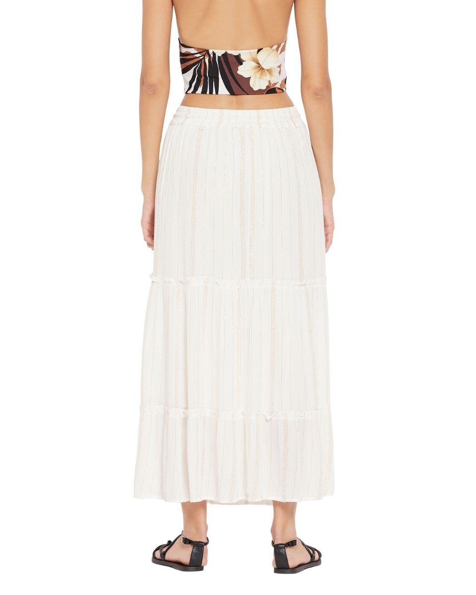 Solid White Rayon With Lurex Stripes Skirt For Women