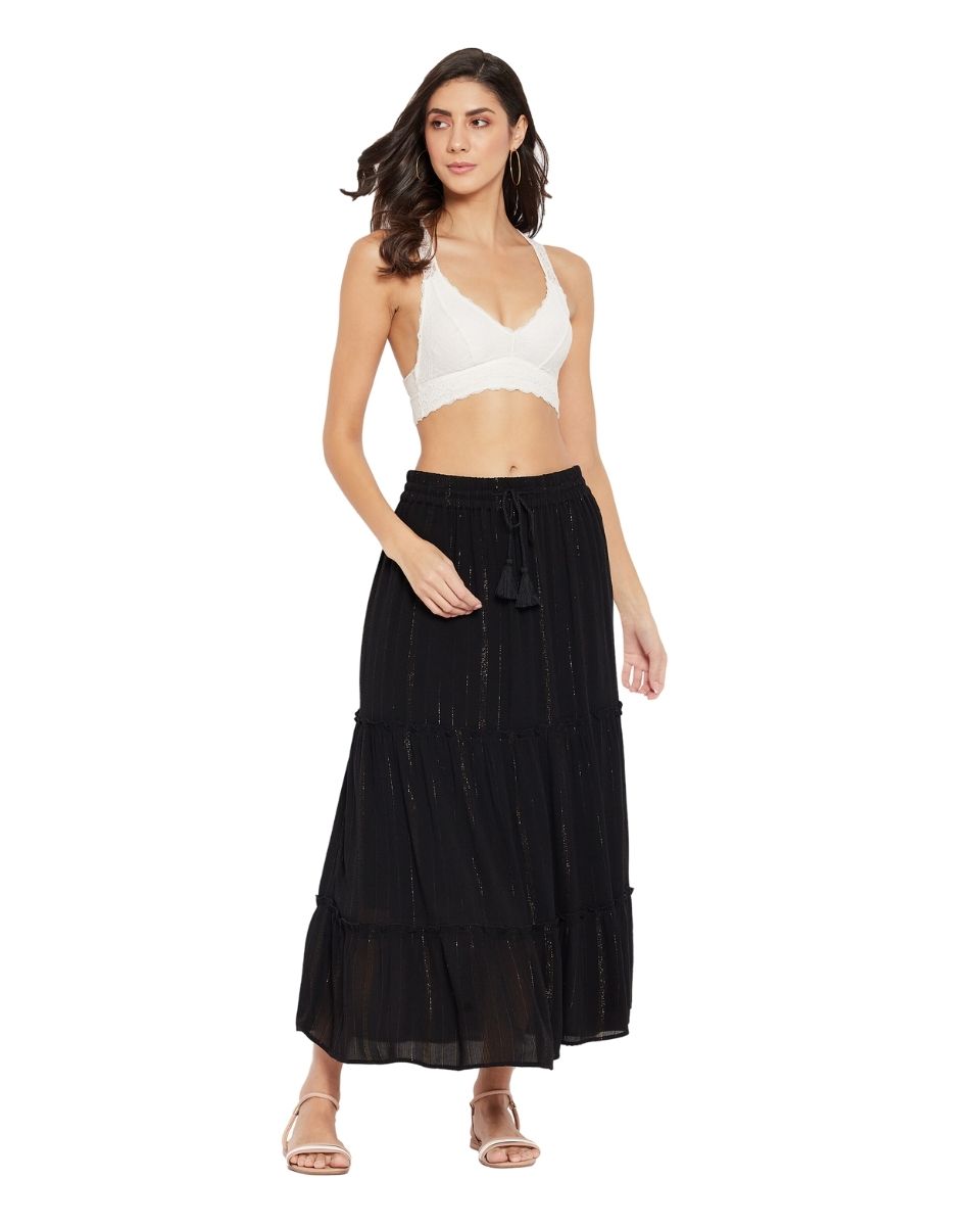 Rayon Solid Black With Lurex Stripes Skirt For Women