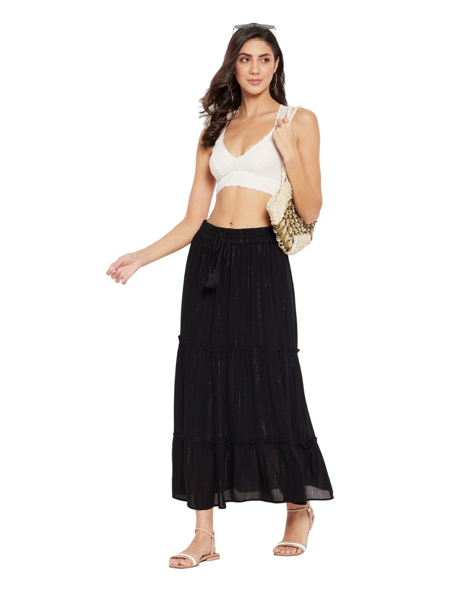 Rayon Solid Black With Lurex Stripes Skirt For Women
