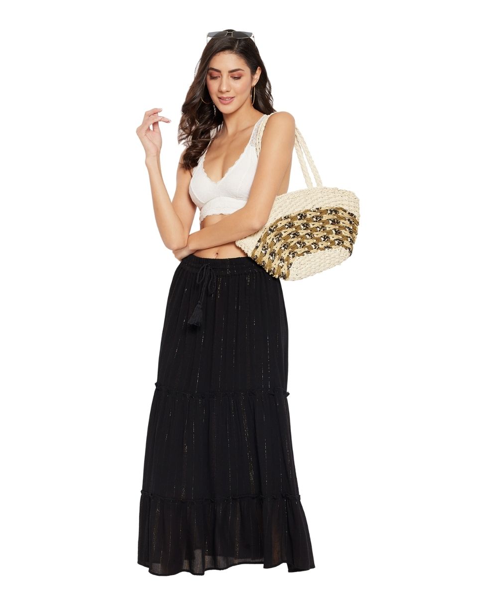 Rayon Solid Black With Lurex Stripes Skirt For Women