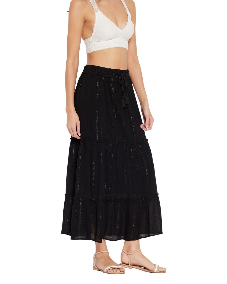 Rayon Solid Black With Lurex Stripes Skirt For Women