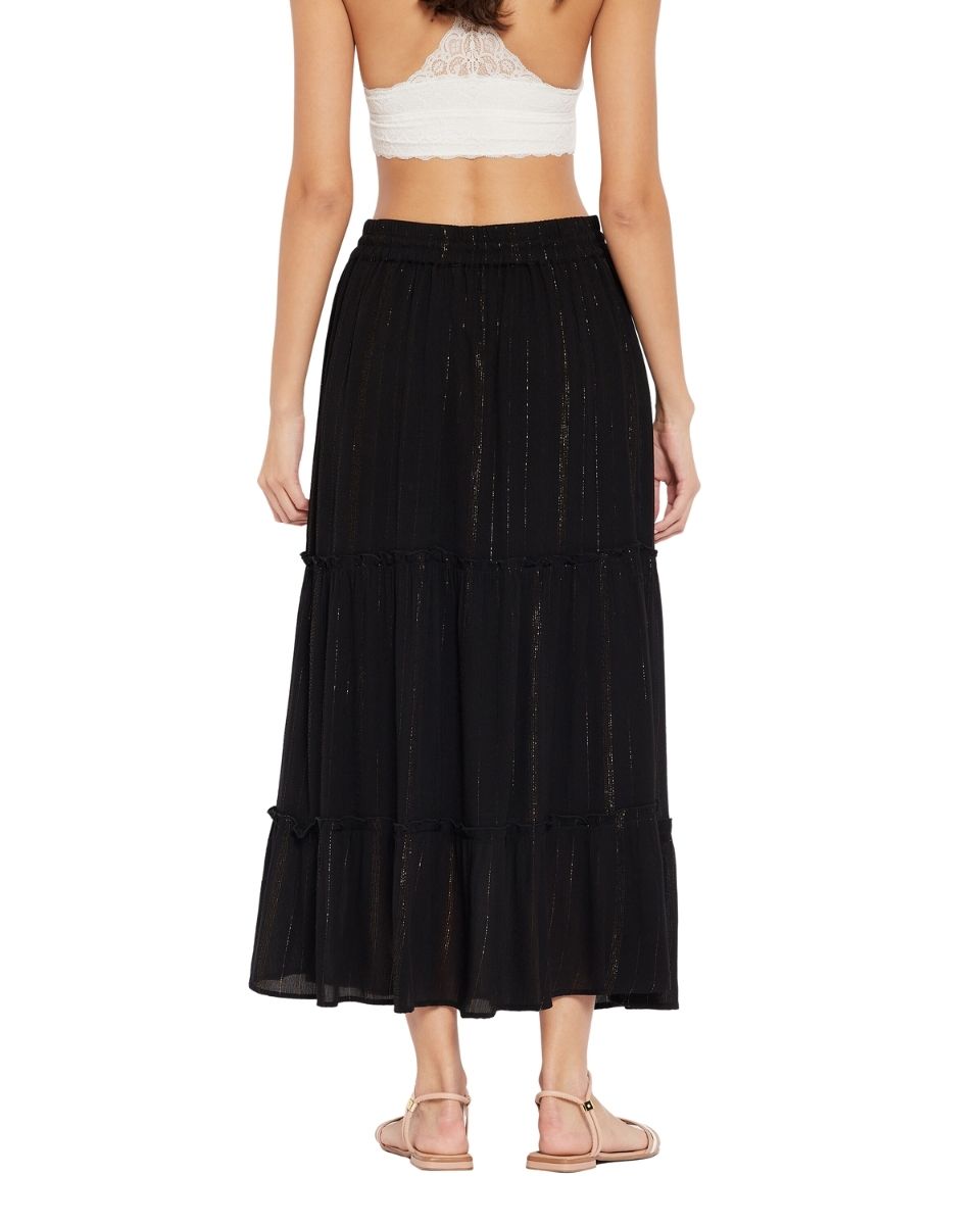 Rayon Solid Black With Lurex Stripes Skirt For Women