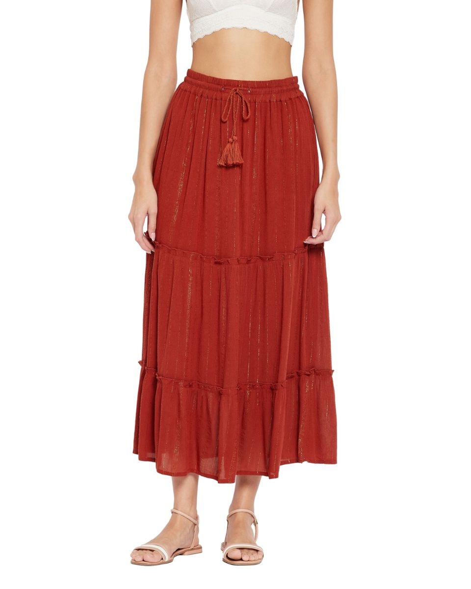 Red Solid Brick Rayon With Lurex Stripes Skirt For Women
