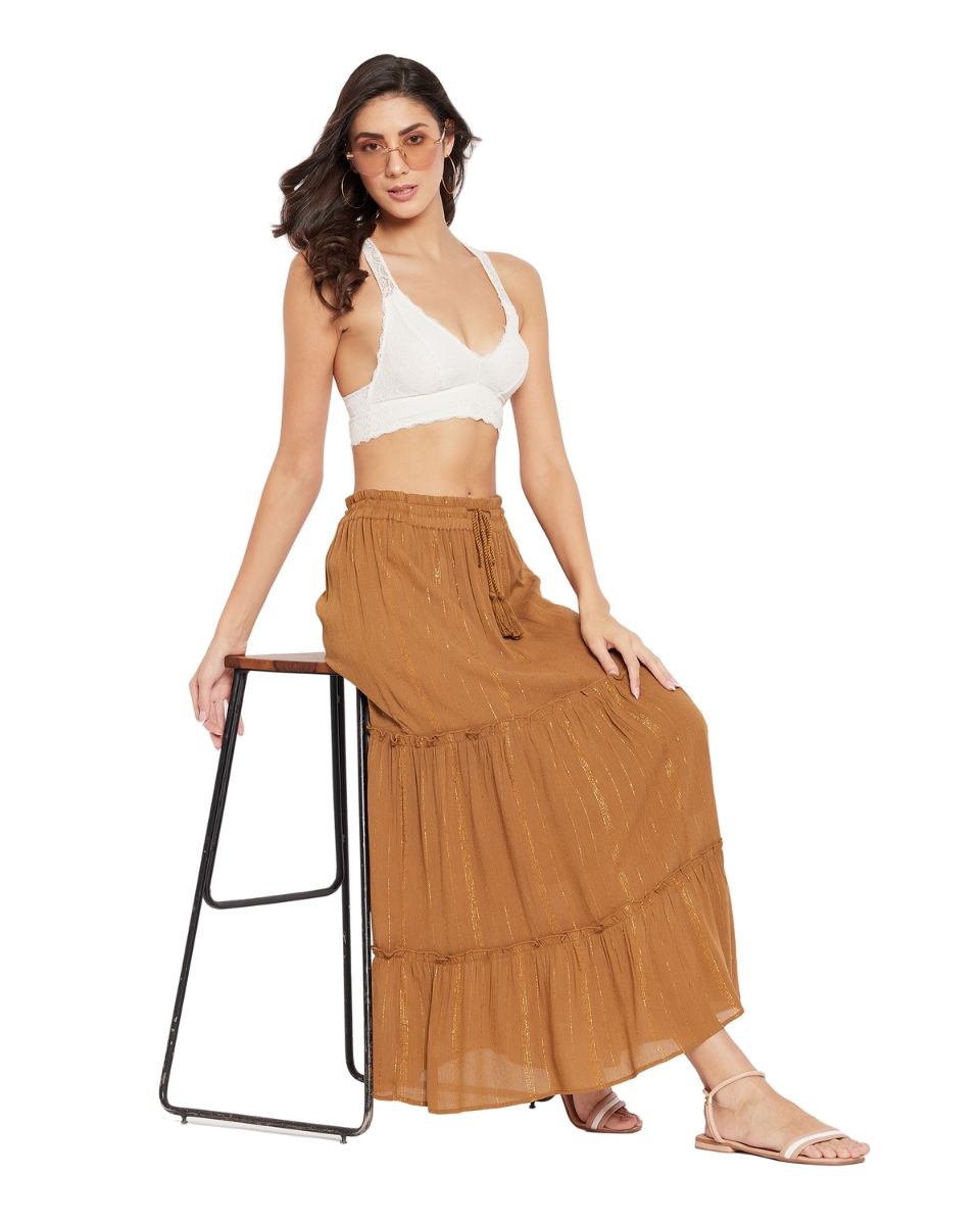 Solid Brown Rayon With Lurex Stripes Casual Skirt For Women