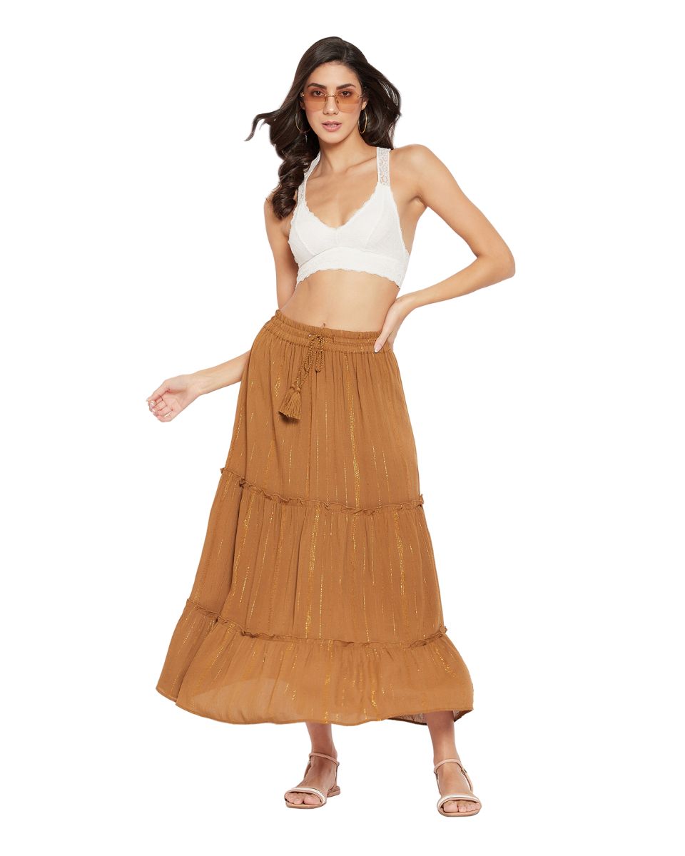 Solid Brown Rayon With Lurex Stripes Casual Skirt For Women