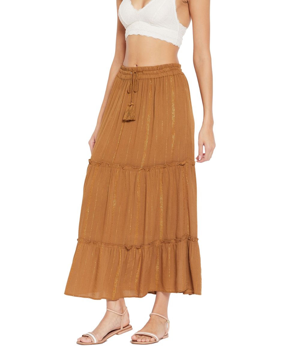 Solid Brown Rayon With Lurex Stripes Casual Skirt For Women