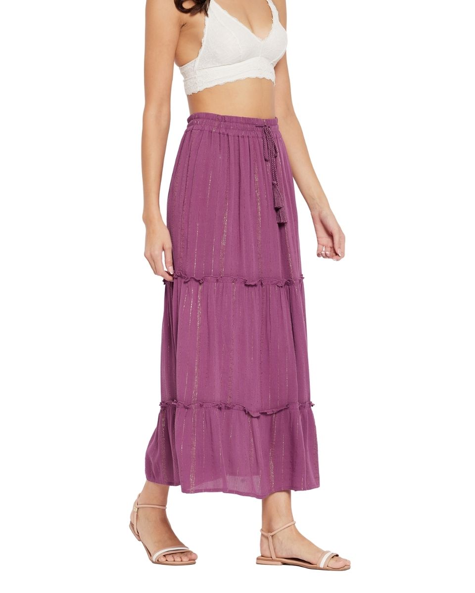 Rayon Solid Plum With Lurex Stripes Skirt For Women