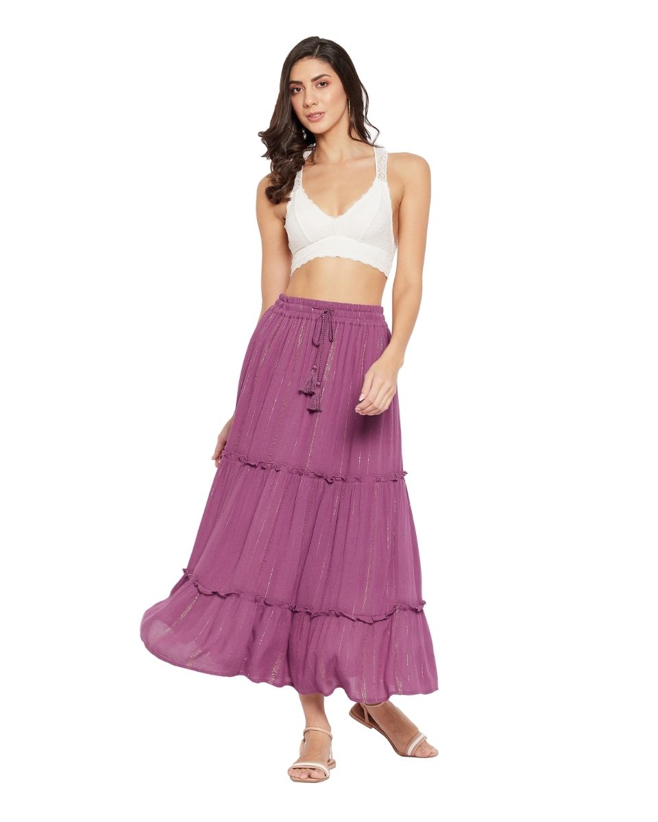Rayon Solid Plum With Lurex Stripes Skirt For Women