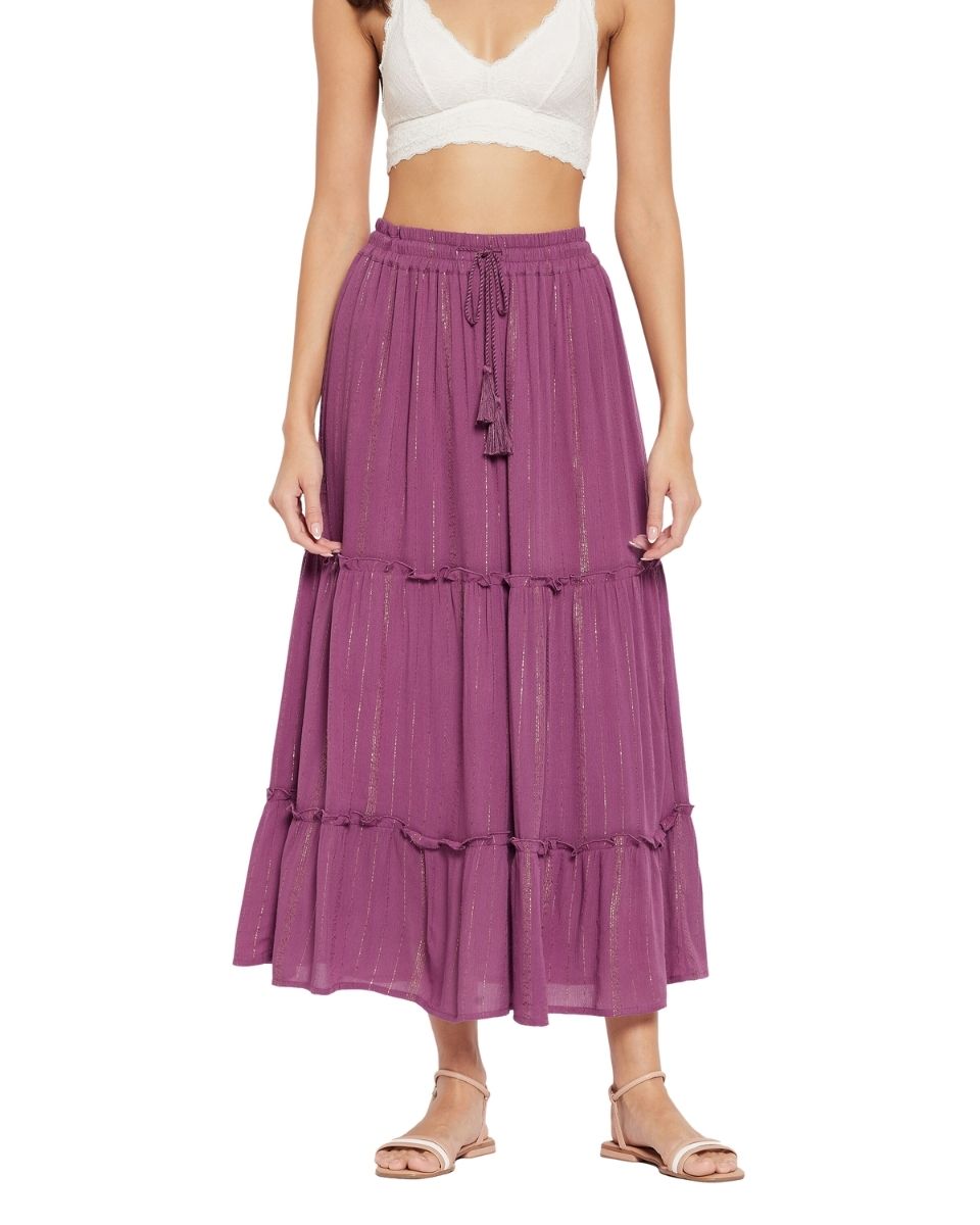 Rayon Solid Plum With Lurex Stripes Skirt For Women