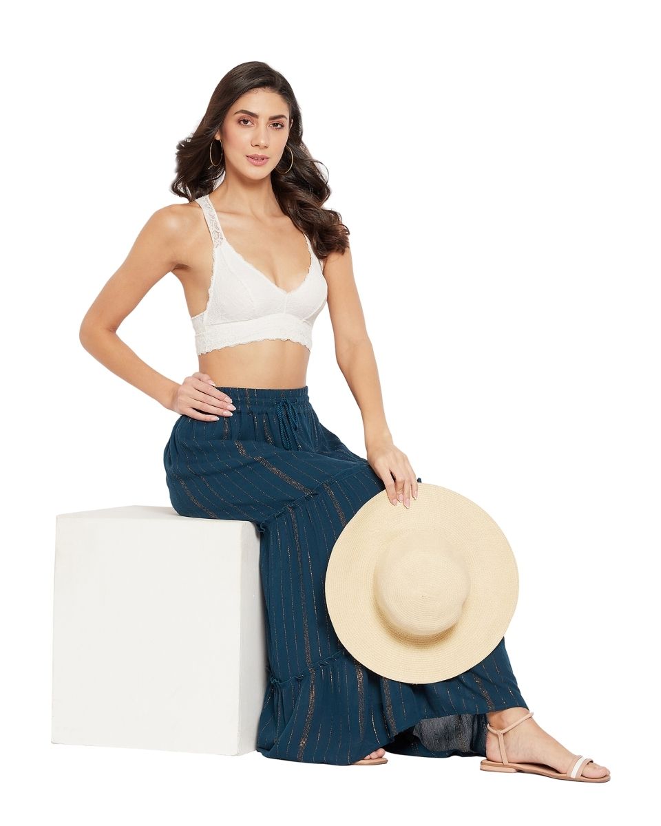 Skirt For Women Solid Blue Rayon With Lurex Stripes