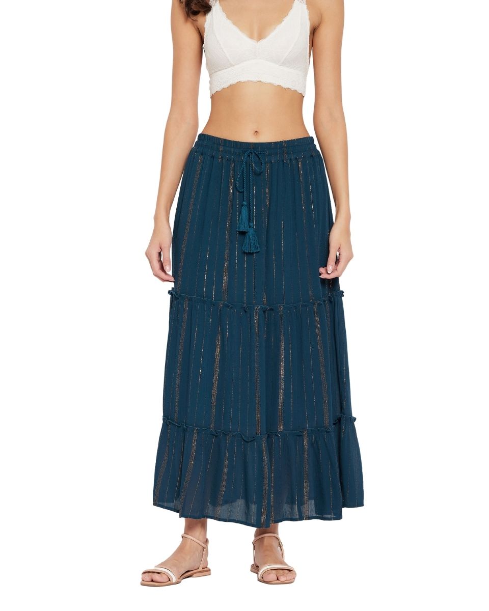 Skirt For Women Solid Blue Rayon With Lurex Stripes