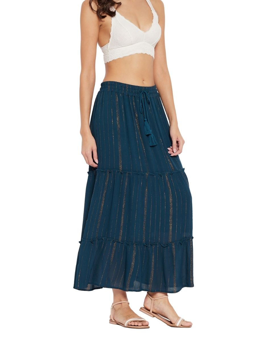 Skirt For Women Solid Blue Rayon With Lurex Stripes