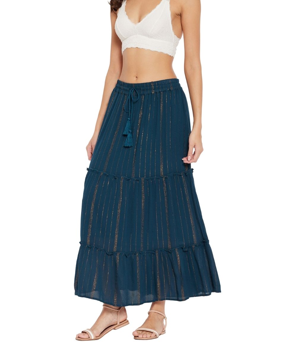 Skirt For Women Solid Blue Rayon With Lurex Stripes
