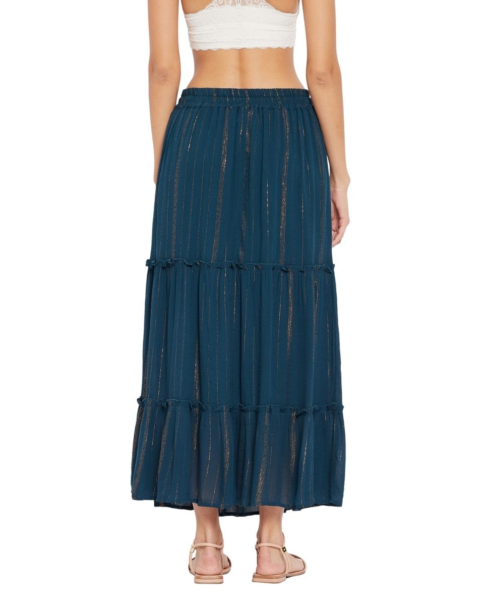 Skirt For Women Solid Blue Rayon With Lurex Stripes