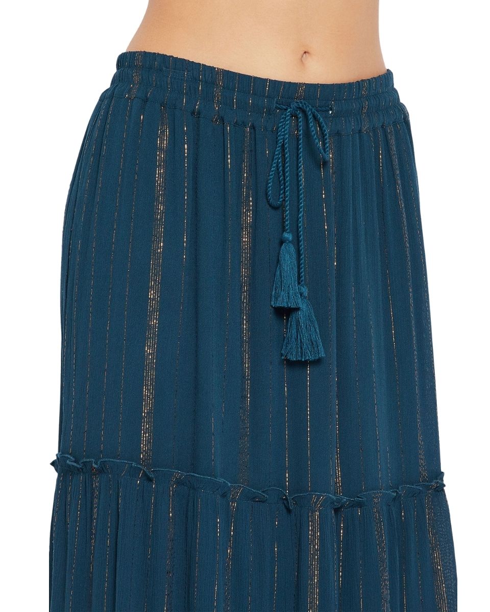 Skirt For Women Solid Blue Rayon With Lurex Stripes