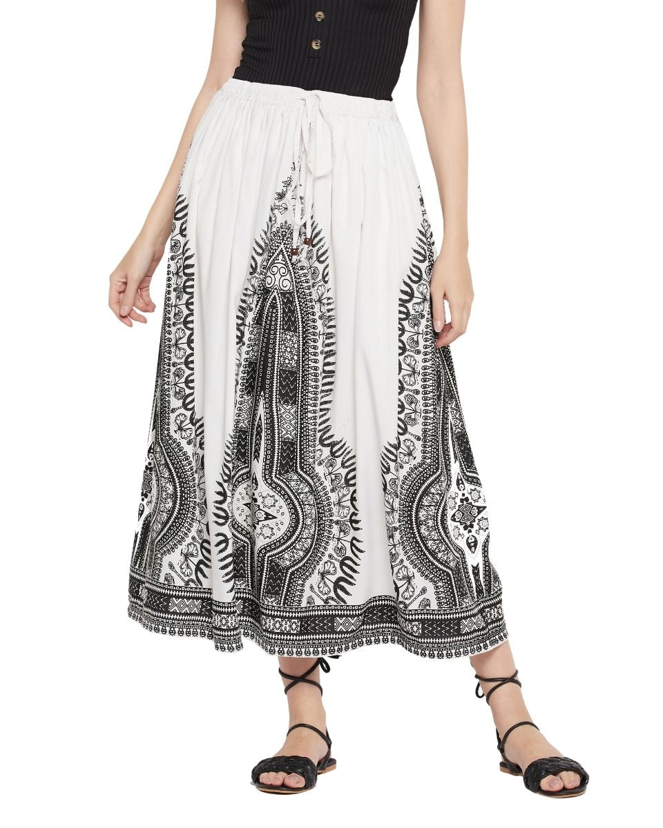 Tribal Printed White Rayon Skirt For Women