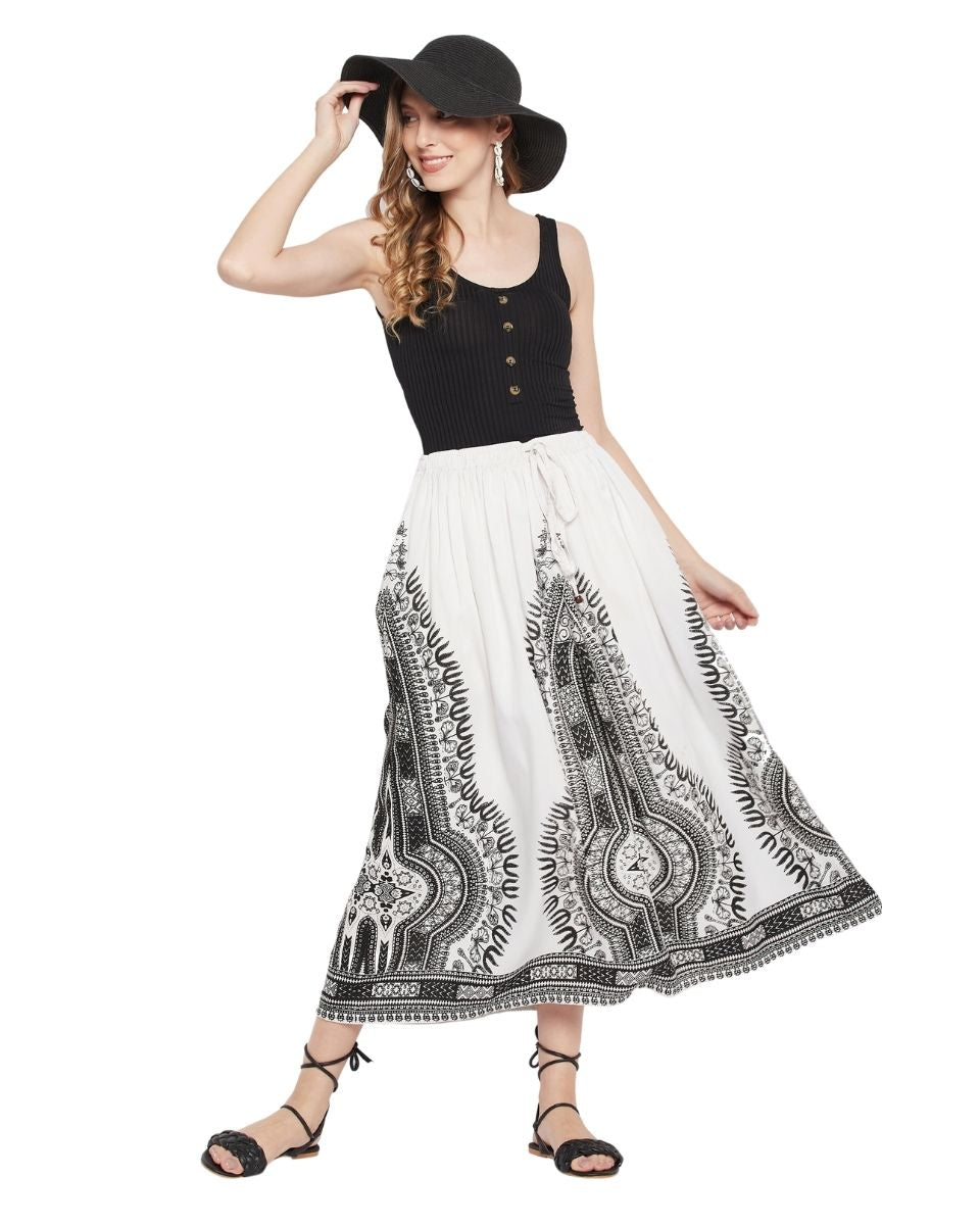 Tribal Printed White Rayon Skirt For Women