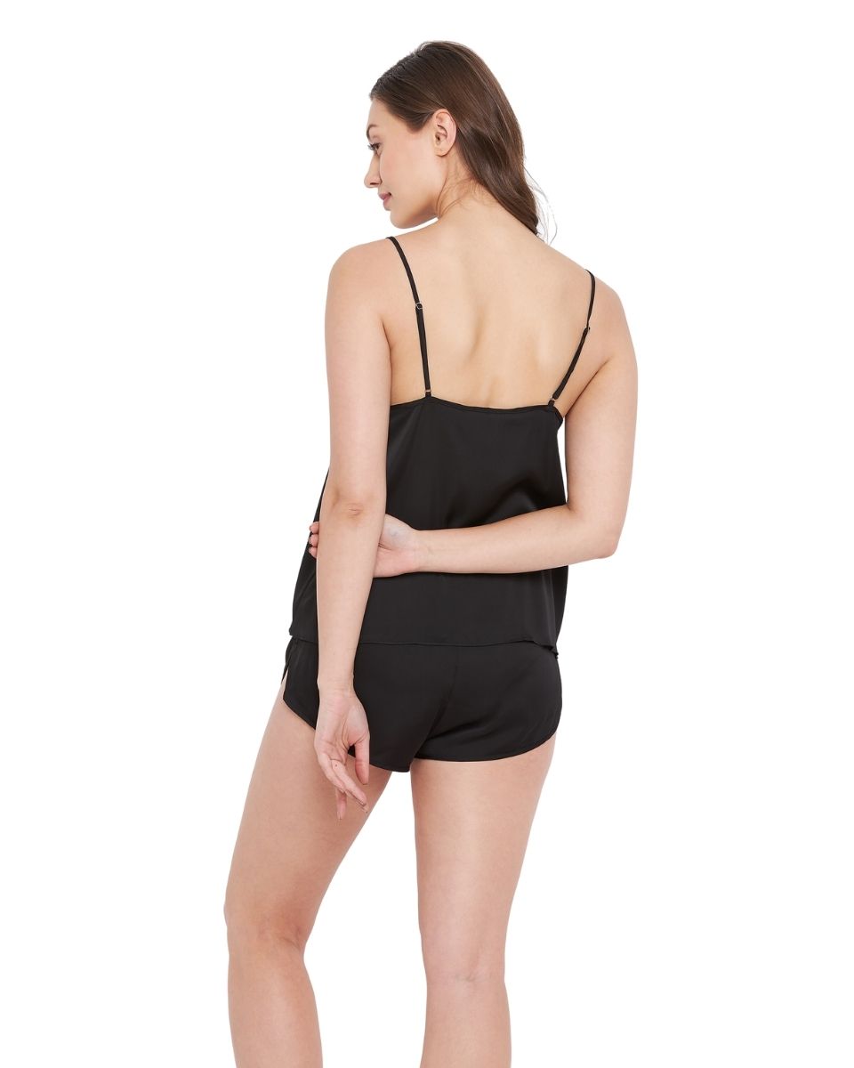 Solid Black Satin Pajama Set Sleepwear Shorts For Women
