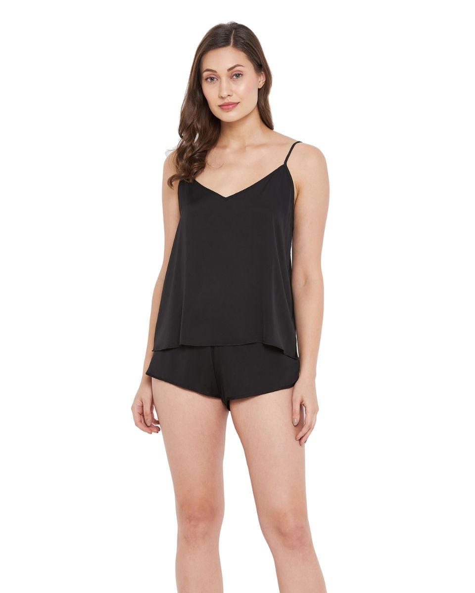 Solid Black Satin Pajama Set Sleepwear Shorts For Women
