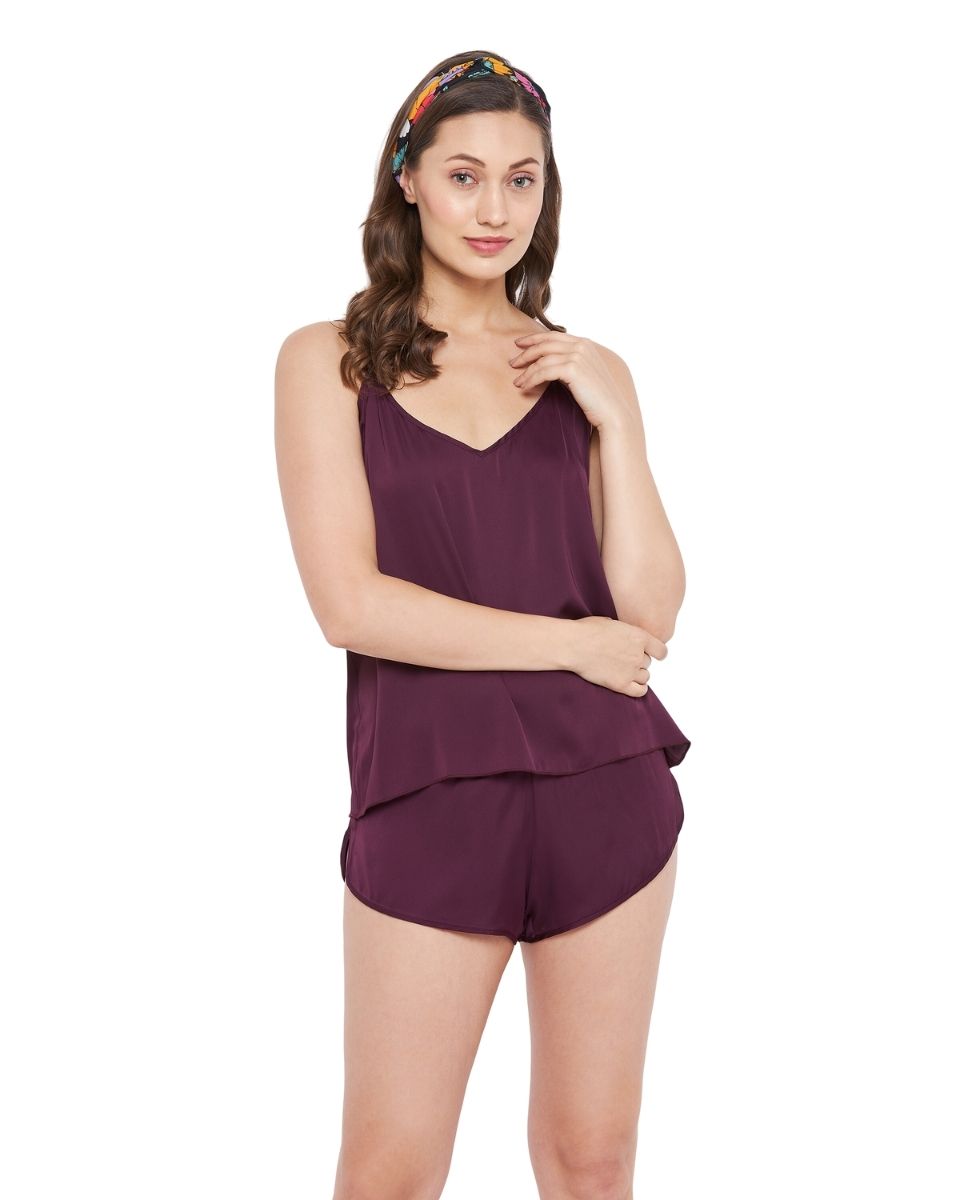 Solid Bordeaux Purple Satin Shorts For Women