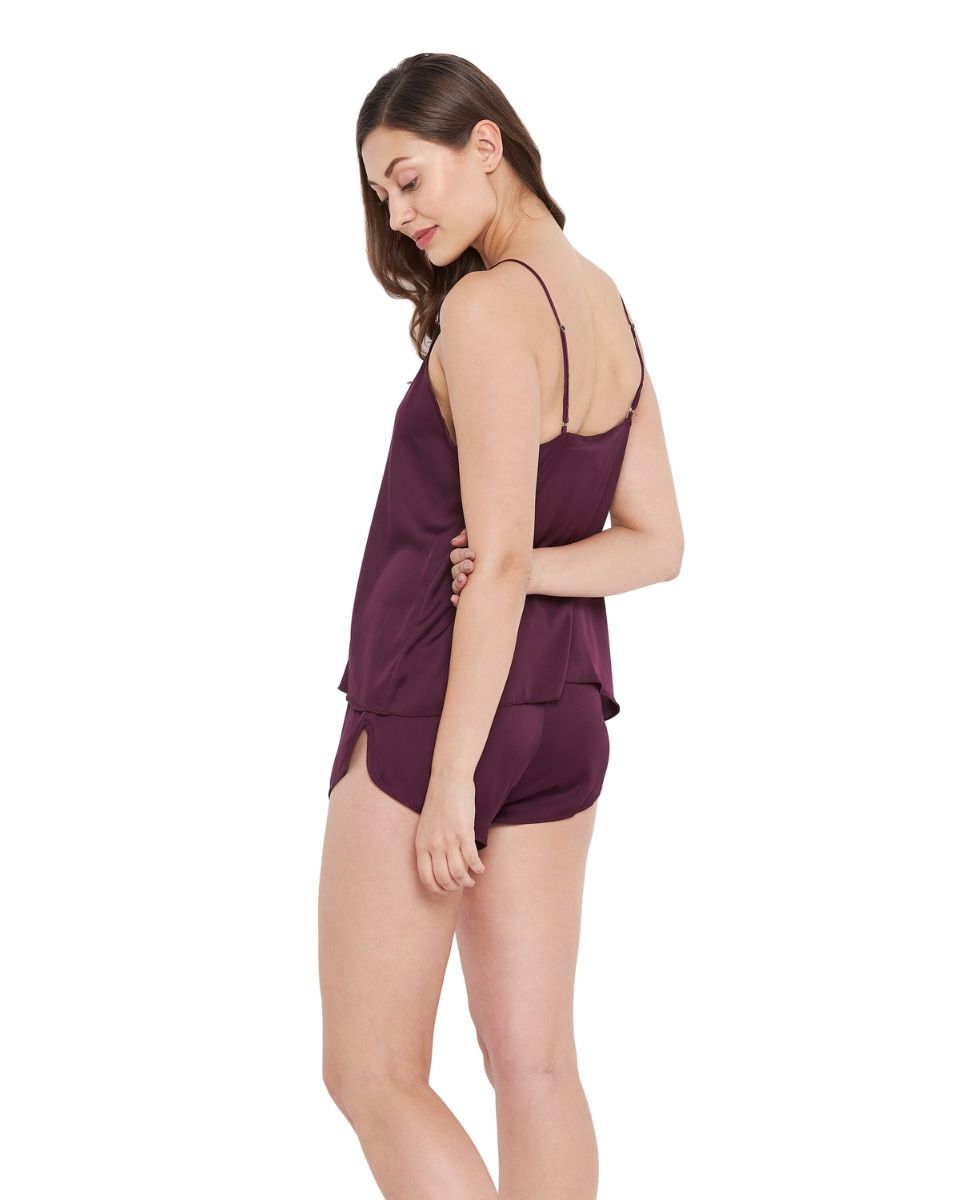Solid Bordeaux Purple Satin Shorts For Women