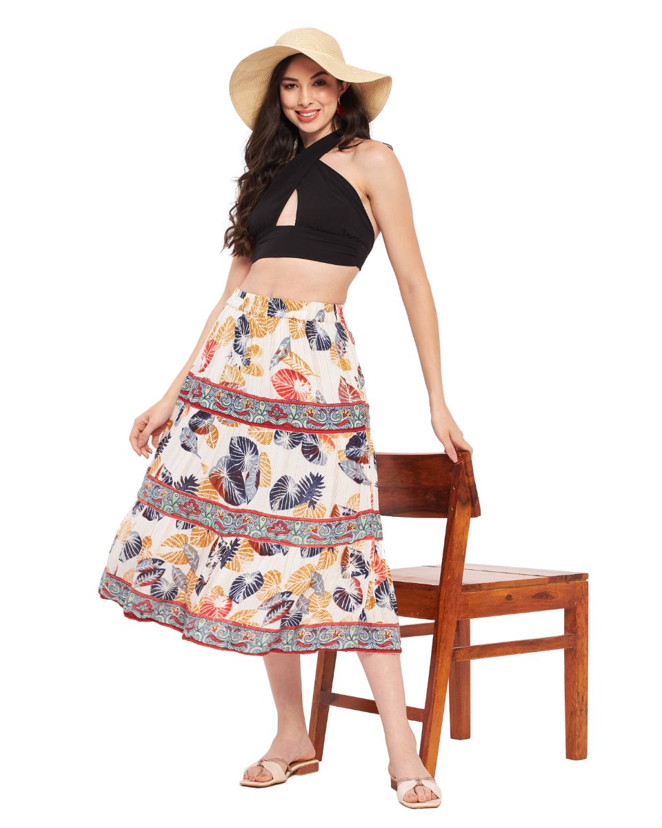 Leaf Printed White And Rust Rayon Crepe Midi Skirt For Women