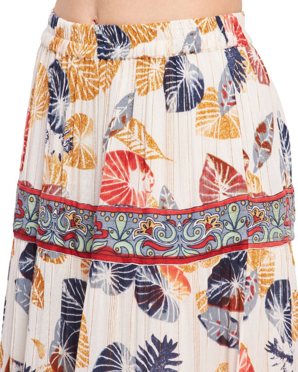 Leaf Printed White And Rust Rayon Crepe Midi Skirt For Women