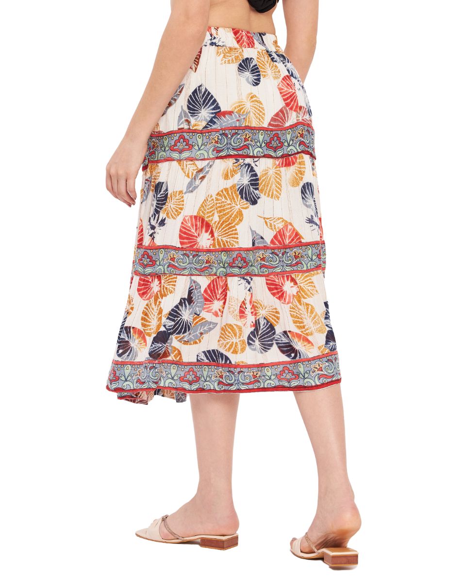 Leaf Printed White And Rust Rayon Crepe Midi Skirt For Women